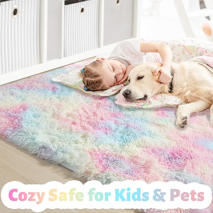 Rainbow Fluffy Kids Rugs for Girls Bedroom, Unicorn Room Decor Aesthetic, 6x9 Colorful Pastel Shag Area Rugs for Playroom Nursery Classroom, Cute Fuzzy Kawaii Princess Carpet for Baby Toddler Teen
