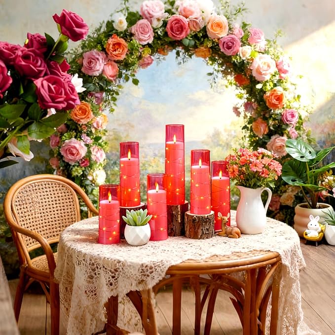 Nimiko Flickering Flameless LED Candles,Battery Operated Candles 9 Pcs with Embedded Star String,Acrylic LED Pillar Candles with Remote,Suitable for Home Decoration to Create an Atmosphere (Pink)