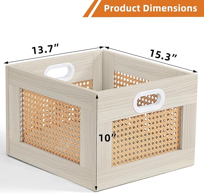 LELELINKY Vinyl Record Storage Crate, Rattan Vinyl Record Holder with Handle, Wood Record Crate for Vinyls Holder up to 75 LP's, Desktop Cube Album Storage for Vinyls Records(Grey White)