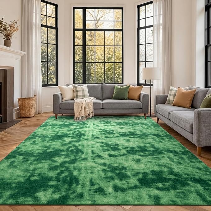 FinRèc 6x9 Washable Area Rugs for Bedroom Living Room, Low Pile Thin Ultra Soft Shag Rug, Non-Slip Carpet Indoor for Home Decor (Tie-dye Green)