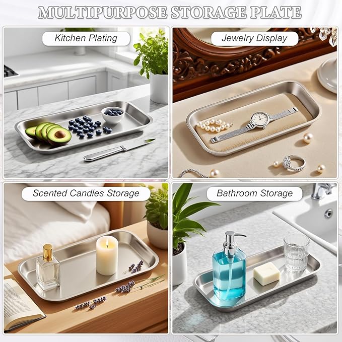 SUTOKAKA 2 Pack Stainless Steel Silver Decorative Tray, Manicure Surgical Tools Placing Dish, Bathroom Vanity Trays for Dresser Counter