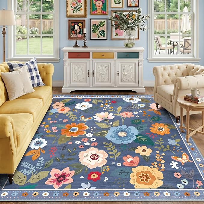 RELEANY Floral Nursery Square 8ft Area Rugs Washable Print Boho Cute Carpet Non Slip Flower Low Pile for Living Room Kids Girls Playroom Bedroom Kitchen Office Farmhouse-Blue/Grey
