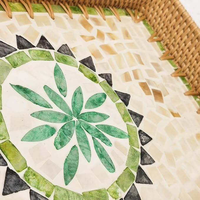 i-lan Set of 3 15" Rectangular Rattan and Mother of Pearl Serving Tray,Boho Rectangule Natural Rattan Woven Trays,Green Triangle Pattern Decorative for Entryway Kitchen Bathroom Counter