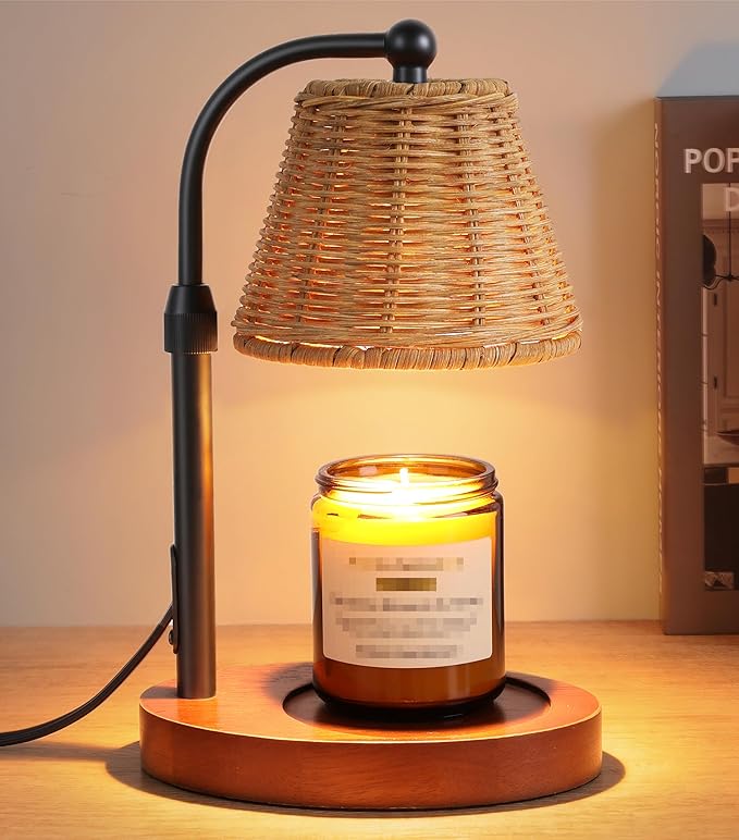 Candle Warmer Lamp with Timer Dimmer, Natural Weaving Boho Candle Lamp Birthday Gifts for Women, Mom, House Warming Gifts Wax Melt Warmer for Jar Candles with 2 Bulbs, Espresso