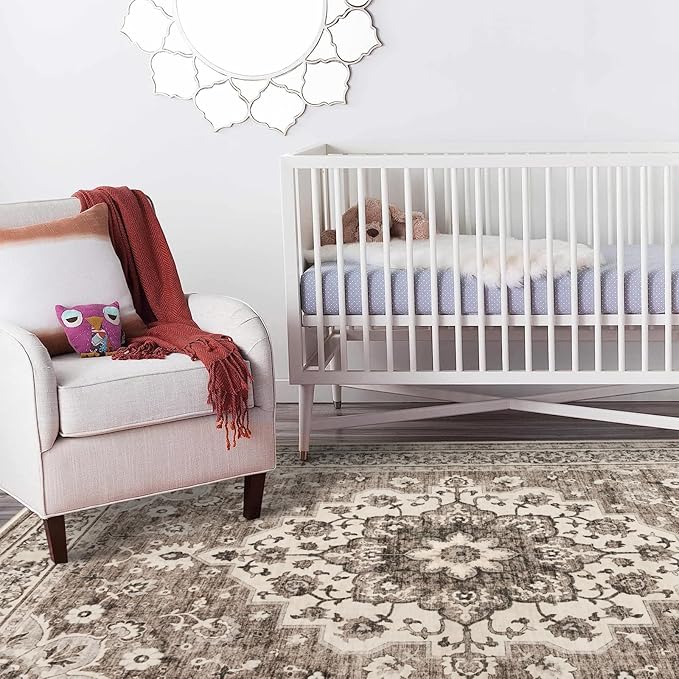 TOPRUUG Washable Oriental Area Rug - 5x7 Rugs for Living Room Soft Carpet for Bedroom Waterproof Floral Distressed Indoor Stain Resistant Non-Shedding Floor Carpets (Beige, 5x7)