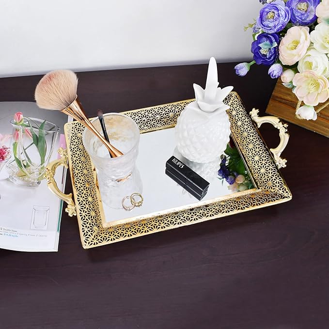 Decorative Glass Mirrored Tray Home Decor Vanity Tray for Dresser Make Up Jewelry Organizer Gold Perfume Tray Rectangle