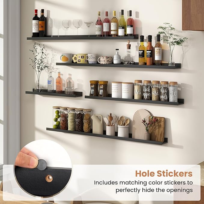 Fun Memories Picture Ledge Shelves Set of 4, 36 Inch Rustic Wall Mounted Floating Shelves with Lip for Home Storage and Décor in Bathroom, Kitchen, Nursery, Bedroom, Living Room, Black