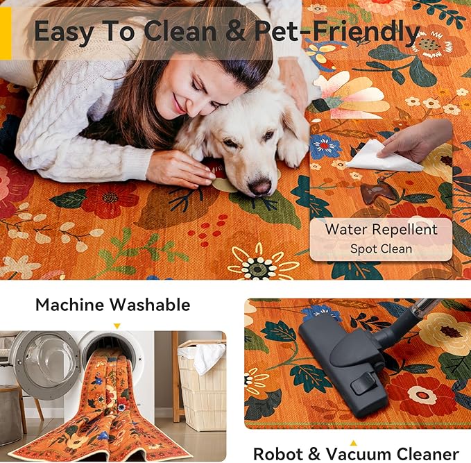RELEANY Floral Nursery 5x7 Area Rugs Washable Print Boho Cute Carpet Non Slip Flower Low Pile for Living Room Kids Girls Playroom Bedroom Kitchen Office Farmhouse-Burnt Orange