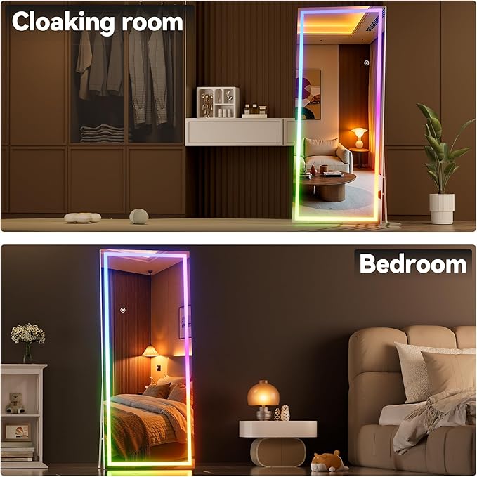 Hasipu 71"x31" LED RGB Bluetooth Full Length Mirror with Lights, Full Body Mirror with Stand, Wall Mount & Free Standing Floor Mirror for Bedroom Living Room Cloakroom, 7 Color & Brightness Adjustable