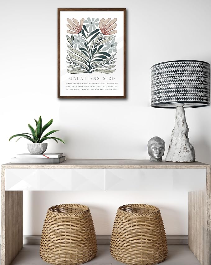 EcoHest Bible Verse Floral Framed Wall Art, 12x16 in Walnut Color OAK Wood Boho Abstract Flowers Canvas Wall Art, Galatians 2:20 Home Decor, Beige Logs Boho Christian Set of 1 for Bedroom Living Room