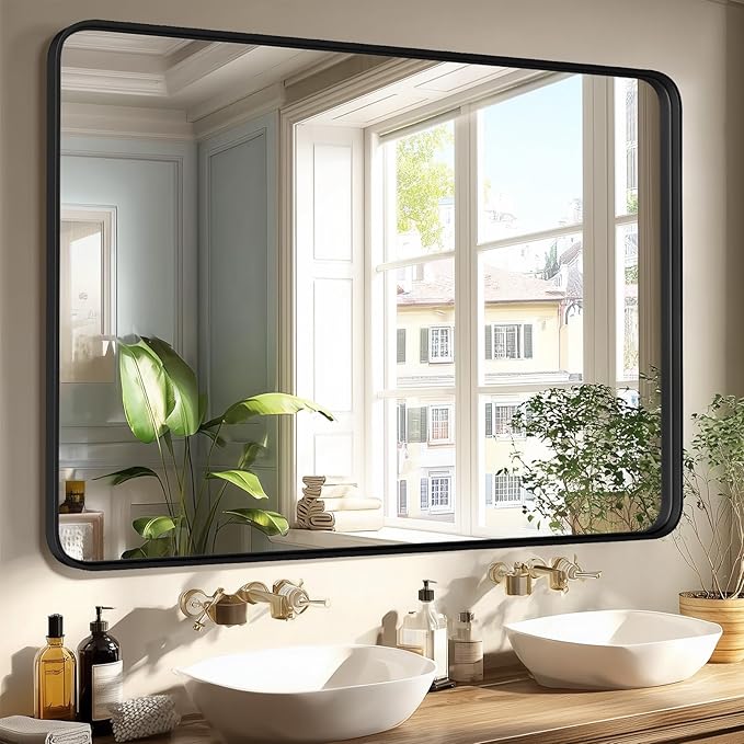 OLIXIS Bathroom Mirror for Over Sink, 30x40 Inch Wall Rectangle Mirror with Matte Metal Framed, Modern Wall Mount Vanity Mirror for Home Decor, Living Room, Bedroom, Black