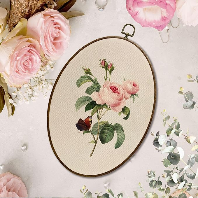 JQF Vintage Pink Rose Floral Oval Wall Decor, Rustic Farmhouse Country Oval Canvas Wall Art, Neutral Antique Botanical Flower Framed Prints Hanging Decor for Home Bedroom Living Room, 8.5x11.5 Inch