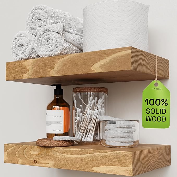 BAOBAB WORKSHOP Natural Wood Floating Shelves for Wall 12 Inch Wide, Small Wooden Shelf 12 in, Bathroom Shelves for Room Wall Mounted Kitchen Rustic, Oak Floating Shelf, 12W × 6.7D, Set of 2