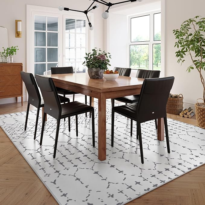 Lahome Moroccan 9x12 Washable Area Rug - Non-Slip Washable Ultra-Thin Soft Large Rug for Living Room, Modern Geometric Print Stain Resistant Carpet for Bedroom Dining Room Hana, White