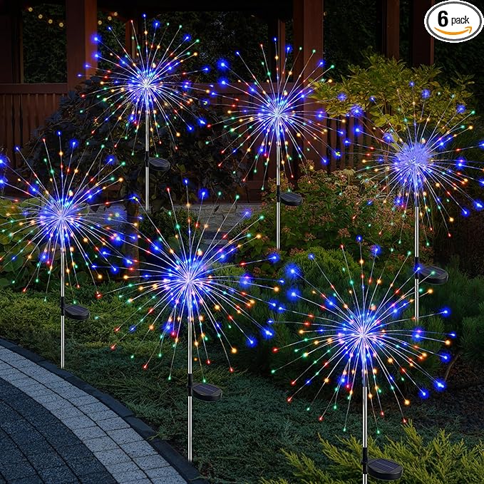 btfarm 6 Pack Solar Garden Lights Outdoor, 8 Modes Firework Lights Solar Powered, Waterproof Twinkle Fairy Light Outside for Yard Patio Pathway Pool Christmas Party Decorative, Multicolor