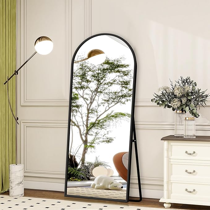 GlasFlength 56" x 18" Full Length Mirror with Stand, Arched Aluminum Alloy Frame, Versatile Standing, Hanging, or Leaning Wall/Floor Mirror for Bedroom, Living Room, or Entryway, Black