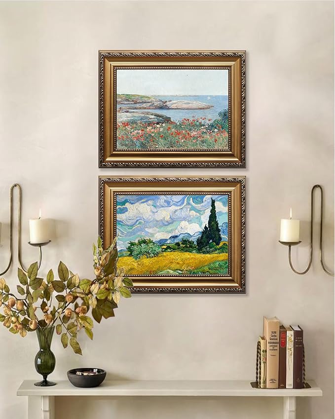 KBKBART Vintage Framed Wall Art for Living Room, Vintage French Coastal SeaScape Canvas Art Prints Farmhouse Decor, Country Wildflower Landscape Painting, Gold Framed Spring Flower Wall Art for Bathroom Bedroom Gallery, 9"x12"