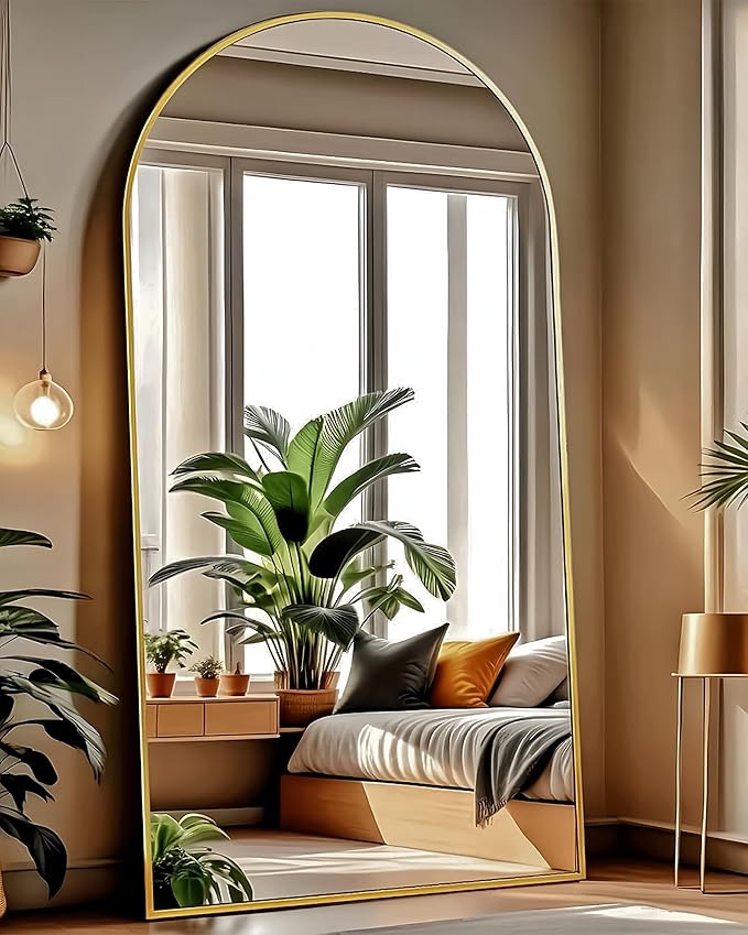 KOMCOTE Arched Floor Mirror - Full Length 76"x34", Oversized Wall Mirror for Bedroom & Living Room, Large Gold Standing Mirror, Durable Framed Floor-Length Mirror