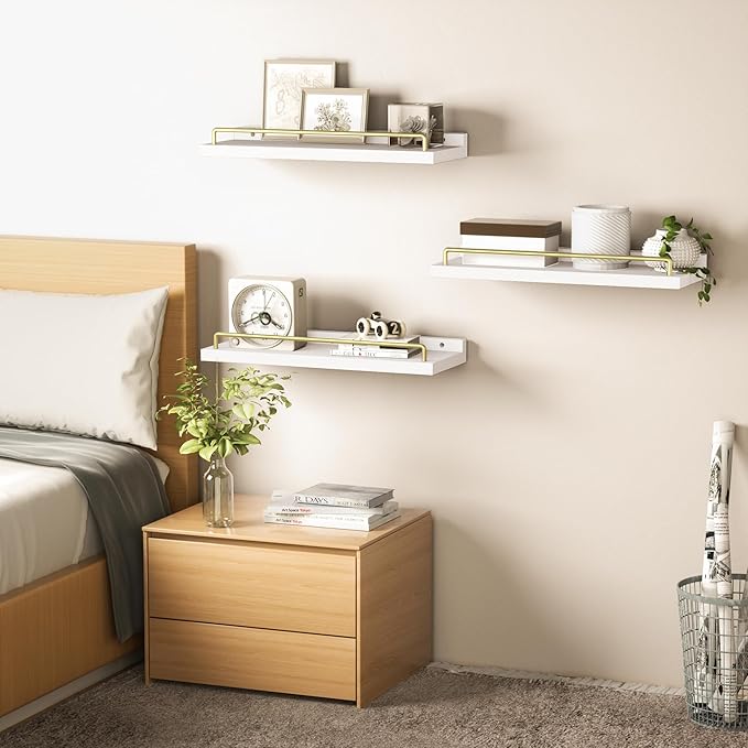RYOFOBETTO Floating Shelves for Wall Decor, White and Gold Shelves for Bathroom, Living Room, Bedroom, Picture Frames, Plants, Kitchen (Set of 3)