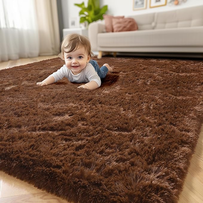 Amdrebio Dark Brown Area Rugs for Bedroom Living Room, Fluffy Shaggy Plush 4x6 Rug for Kids Room Decor Aesthetic, Modern Cool Fuzzy Furry Chocolate Coffee Carpet for Classroom Playroom Dorm Nursery