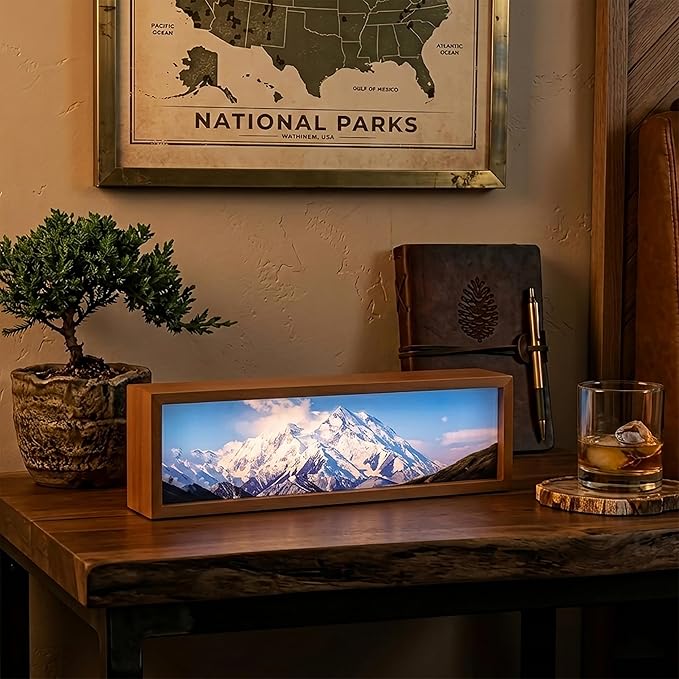 Snowy Mount Denali Led Light Box 3 Layers of Acrylic Light Box - Handmade Table Lamp for Room Decor - National Park Travel Signs Travel Gift
