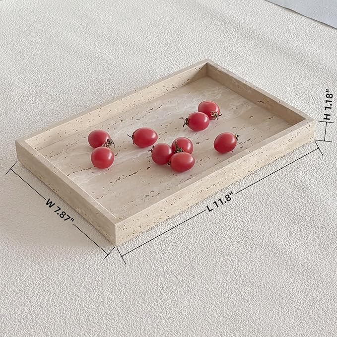 Natural Marble Vanity Tray, Cosmetics Towels Tray, Decorative Tray, Catchall Tray for Dresser Bathroom Kitchen (Beige Travertine, 11.8L x 7.87W x 1.18H)
