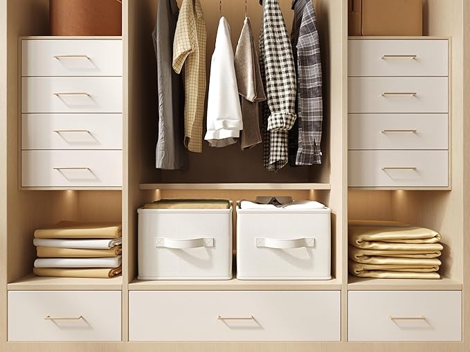 LayerSpace 3 Pack Fabric Storage Bins for Shelves | 11.5x8.75x6.5in Storage Baskets | Fabric Closet Organizers and Storage Bins with Handles Home Organization| Linen Clothes Bins | White & Ivory