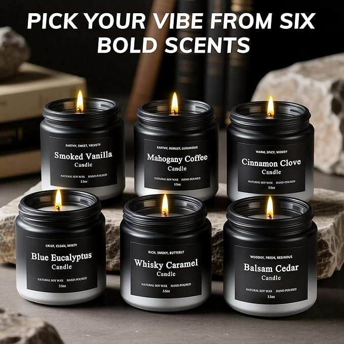 6 Pack Men Candles for Home Scented, Soy Wax 200 Hour Long Lasting Candle, Soy Candle Gifts Set for Birthday, Valentine, Christmas, Anniversary Present