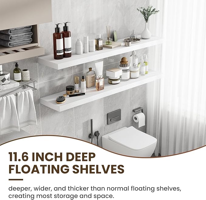 Acovy 55 Inch Floating Shelves, 12 Inch Deep Floating Shelves for Wall, Floating Shelf with Invisible Brackets, 55 Inch Wide x 12 Inch Deep Wall Shelves for Bathroom, Bedroom, Living Room,1 Pack,White