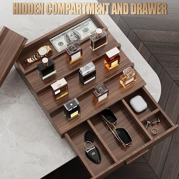 Solid Walnut Cologne Organizer for Men,Cologne Stand,4 Tier Wooden Cologne Holder Shelf Display,Perfume Stand Organizer with Drawer Storage and Hidden Compartment,Gift for Men Dad Husband