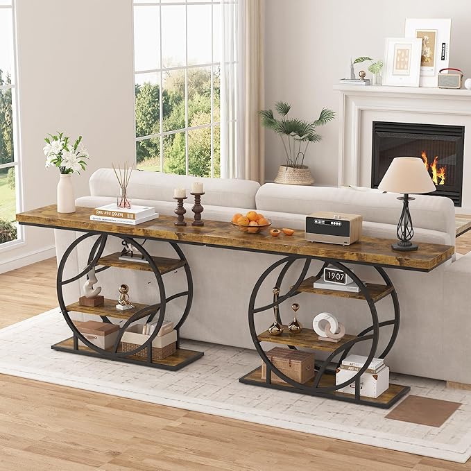 Entryway Table for Foyer,47.2 Inch Industrial Narrow Console Table,Accent Decor Living Room Furniture,Hallway & Sofa Table for Entrance,4-Tier Storage Shelves,Metal Frame,Thick Wood Top