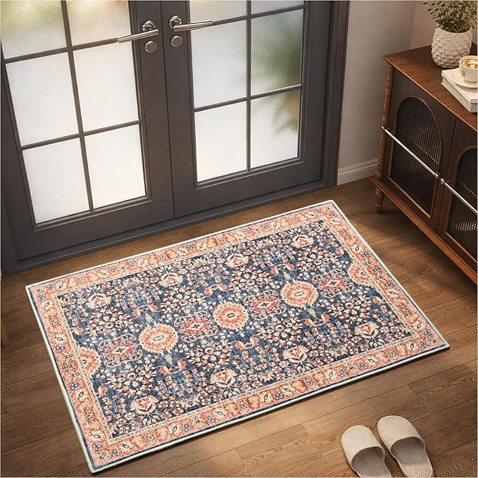 Goideal Washable Rug 2x3, Vintage Area Rugs Non Slip, Indoor Low Pile Carpet with Rubber Backing for Kitchen Bathroom Entryway Office Bedroom,Navy Blue & Orange