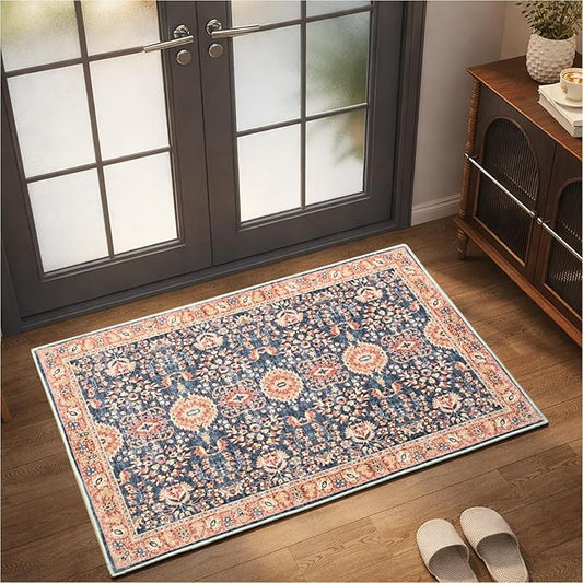 Goideal Washable Rug 2x3, Vintage Area Rugs Non Slip, Indoor Low Pile Carpet with Rubber Backing for Kitchen Bathroom Entryway Office Bedroom,Navy Blue & Orange