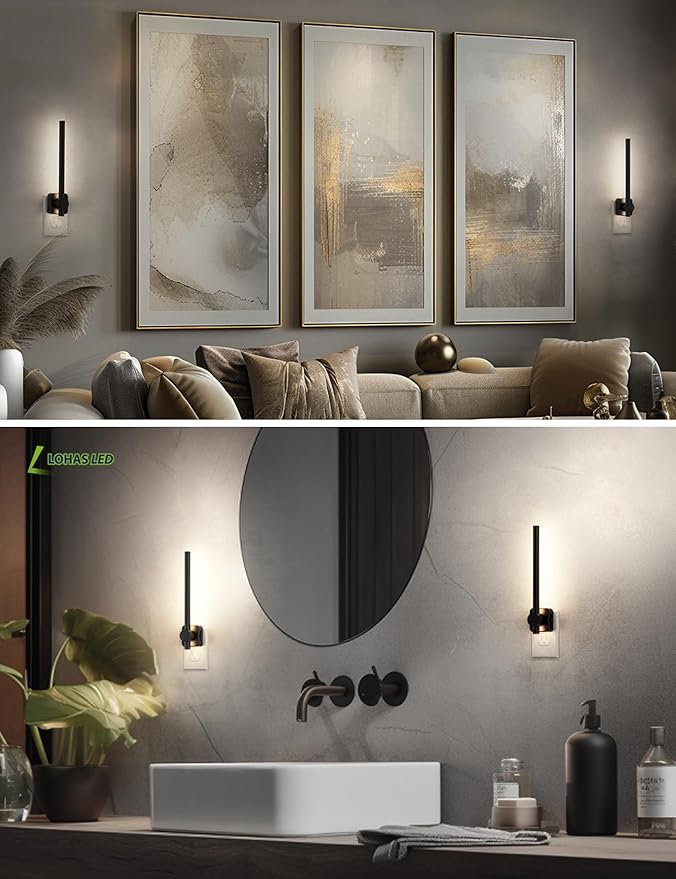 L LOHAS LED Night Light, Dimmable Night Lights Plug into Wall 0-200LM, Dusk to Dawn Sensor, 2W Bathroom Night Lights, Daylight 5000K, Modern Black Plug in Nightlight for Mirror Restroom,1Pack