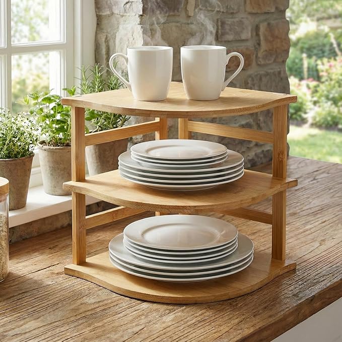 Goaste 3-Tier Bamboo Corner Shelf, Kitchen Countertop Storage Organizer, Cabinet Plate Rack for Pantry Organization, Bathroom, Desktop, 9.5 x 9.5 x 9.5 Inch