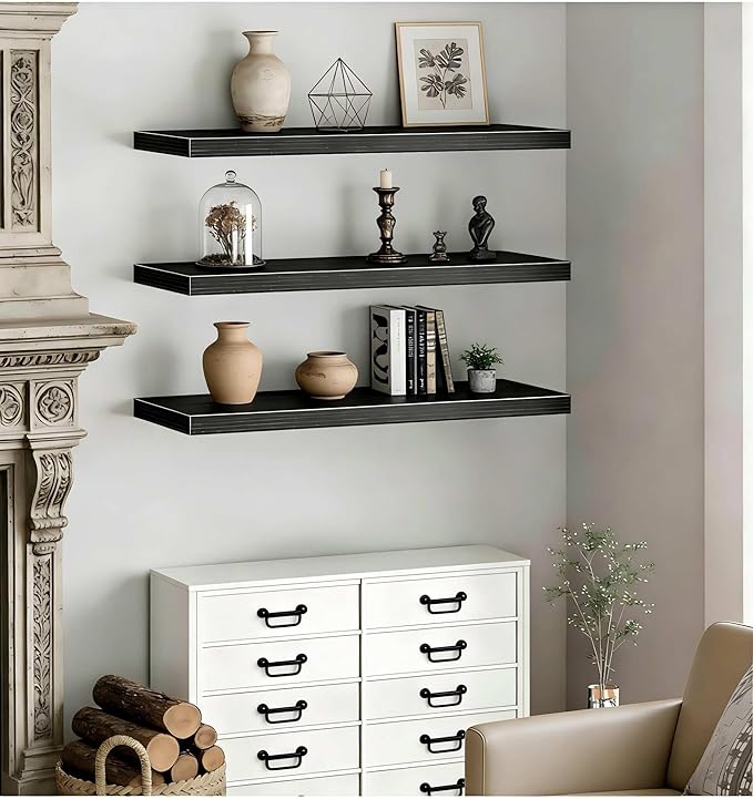 Vervida® Black Floating Shelves, 47.2 in W x 9.3 in D Wall Mounted Wood Shelves with Invisible Brackets Set of 3, Hanging Wall Shelves Decoration for Bedroom, Bathroom, Living Room and Kitchen