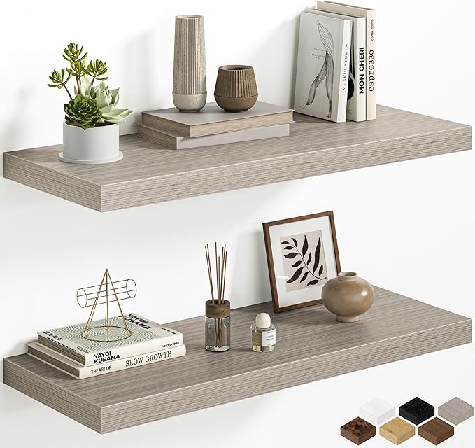 Fun Memories Floating Shelves - 2 Pack 30 Inch Long Rustic Wooden Wall Shelves - 12 Inch Deep Wall Mounted Storage Shelf with Invisible Heavy-Duty Brackets for Books, Bathroom, Kitchen, Gray