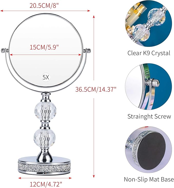 Hanjue Makeup Mirror, 360 Degree Swivel Vanity Mirror, Crystal Cosmetic Mirror, 1X/5X Magnifying Double Sided Mirror,Adjustable Makeup Mirror M020