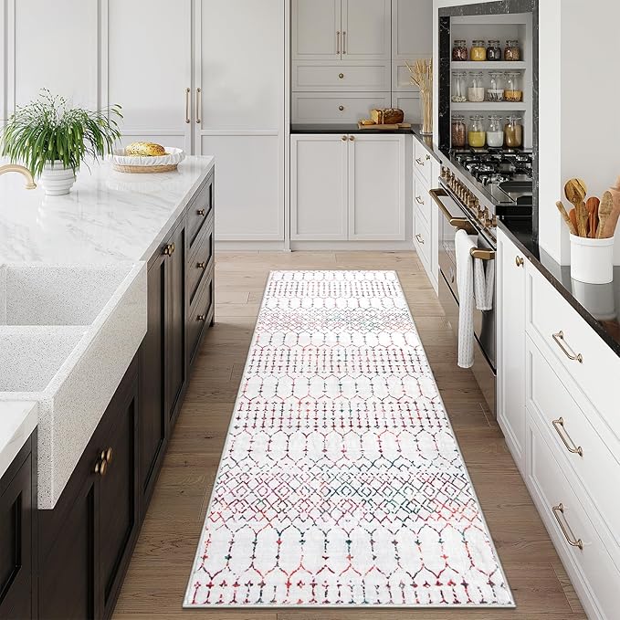 Lahome Moroccan Washable Runner Rug 2x6 Non-Slip Anti-Fatigue Kitchen Rugs and Runners Throw Soft Long Bathroom Runner, Geometric Print Distressed Floor Runners for Entryway Laundry Room Foyer Hana