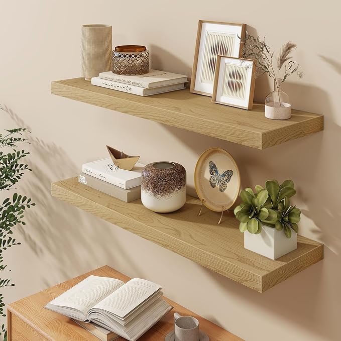 Fun Memories 40" W x 9.3" D Floating Shelves for Wall, Deep Long Floating Shelf for Home Bathroom, Bedroom, Living Room, Rustic Wood Wall Mounted Shelves for Books Decor, Oak