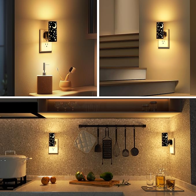 LED Night Lights Plug into Wall, 2-Pack 3000K Bright Plug in Nightlight, Dusk-to-Dawn Sensor, Dimmable 0-100LM, Auto-On/Off, Home Decor for Kids Room, Bathroom, Hallway, Bedroom, Black Stars