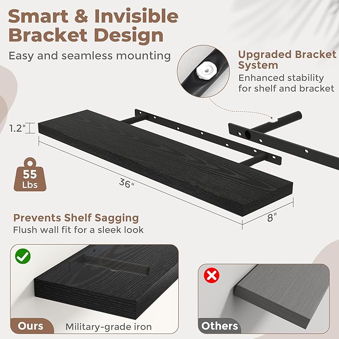 36 Inch Floating Shelves for Wall with Invisible Brackets Set of 2, 8"D Engineered Wood Wall Shelves with Wood Grain for Living Room, Bedroom, Bathroom, Kitchen Decor and Storage, Black Finish