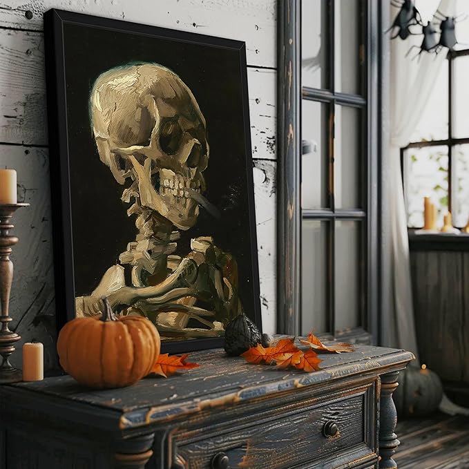 Framed Vincent Van Gogh Skull with Cigarette Canvas Wall Art - Skeleton Paintings Wall Decor, Post-Impressionism Gothic Picture Aesthetic for Halloween Decor Bedroom Living Room Artwork 16x24 inch