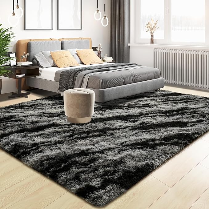 Tepook Fluffy Large Rugs for Living Room, 8x10 Area Rugs for Bedroom, Modern Shag Fuzzy Carpets for Kids Boys Girls, Plush Indoor Nursery Home Decor Rug with Non-Slip Bottom, Black Grey