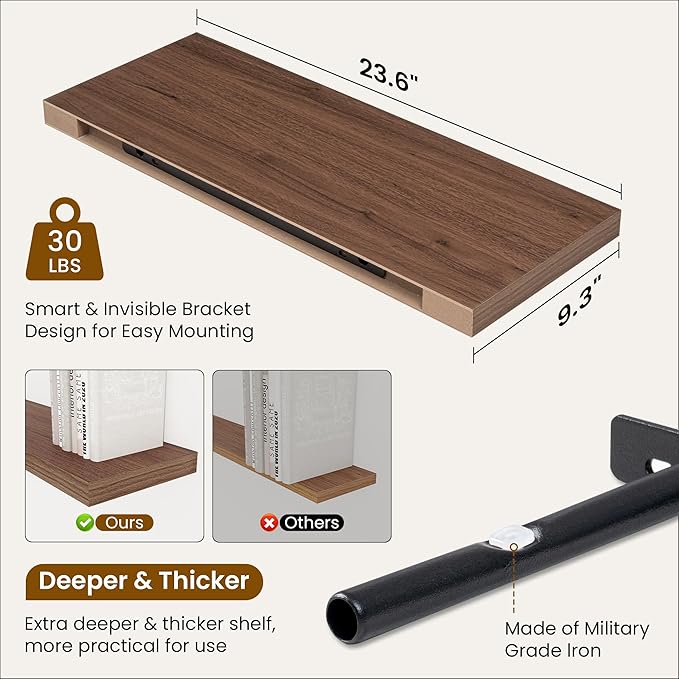 Fun Memories 24 Inch Floating Shelves, 9.3 Inch Deep Rustic Wall Shelves - Extra Deeper Wall Mounted Storage Shelves for Bathroom, Kitchen, Living Room (Walnut, Set of 2)