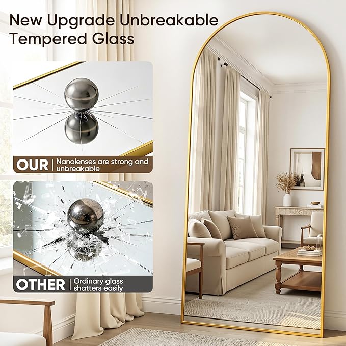Antok Full Length Mirror, 58"x18" Floor Mirror with Stand, Hanging Mounted Mirrors for Bedroom, Living Room, Cloakroom, Dining Room, Gold, Arched