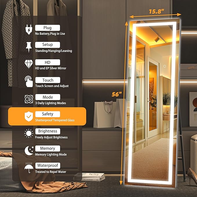 Hasipu Full Length Mirror with Lights, 56" x 15.8" LED Floor, Full Body Dressing Standing, Hanging Mounted Mirror, Square Black