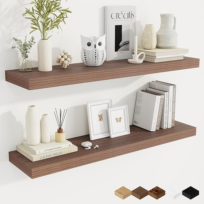 Fun Memories 40 Inch Walnut Floating Shelves, 9.3 Inch Deep Wall Shelves for Living Room|Bedroom|Kitchen, Rusitc Wall Mounted Bathroom Shelves 2 Pack, Heavy-Duty Deep Shelf for Books，Decor