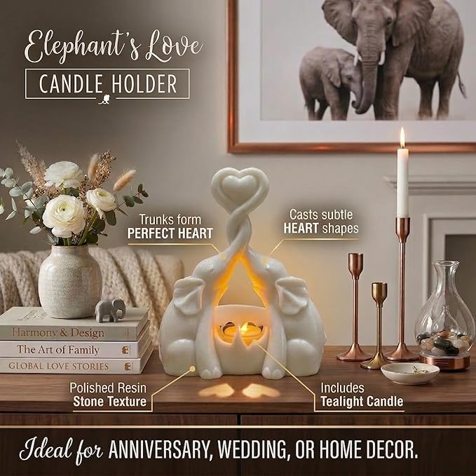 Elephant Love Candle Holder Statue - Elegant Gift Home Decor for Women Living Room or Bedroom - Flickering LED Candle Included - Ivory 14th Anniversary, Couples, Parents Valentine's Present