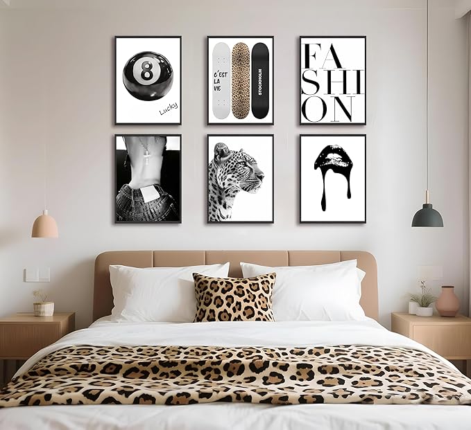 6 Piece Fashion Trendy Leopard Wall Art Black White Aesthetic Cheetah Posters Prints Lucky 8 Ball Lips Canvas Paintings for Girls Room Bedroom Apartment Dorm Decoration Unframed